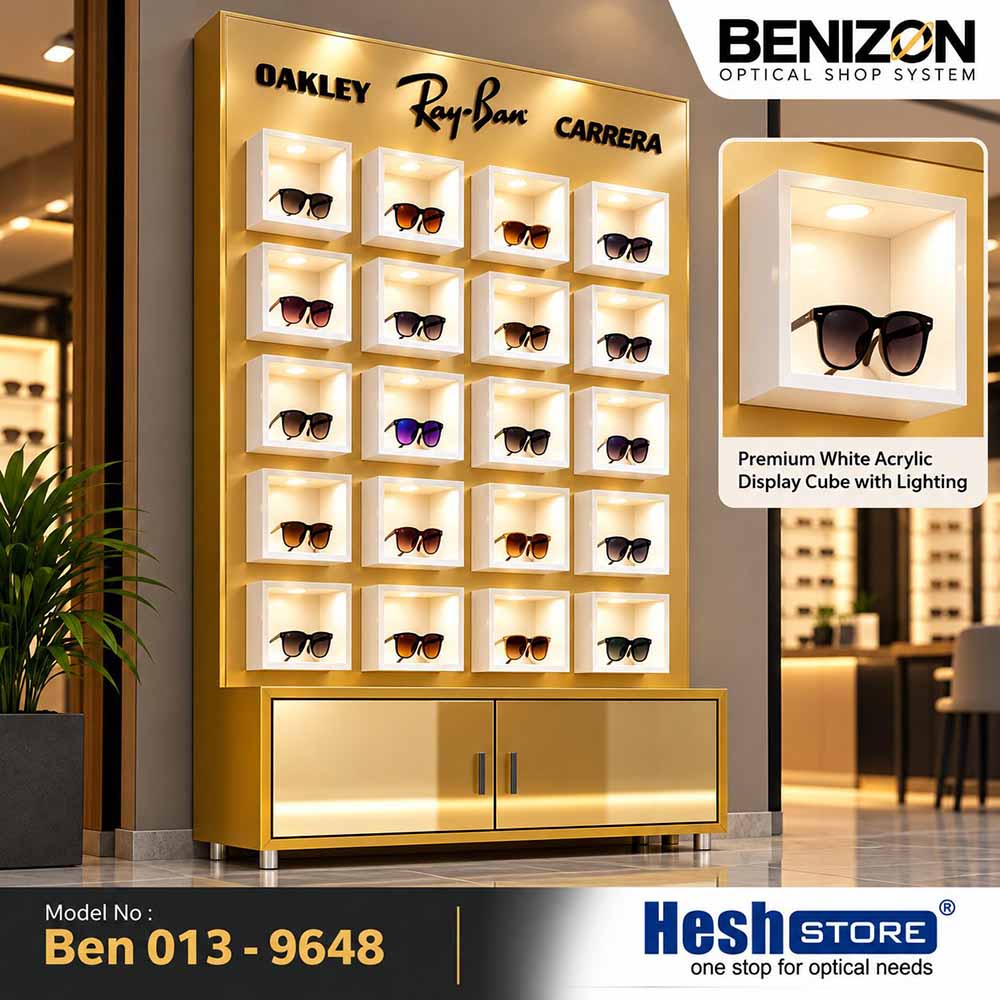 BENIZON Ben 013 gold sunglasses display with illuminated white acrylic cubes and lower storage cabinet