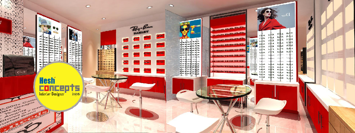 Compact optical showroom setup with space-efficient display racks and budget-friendly design