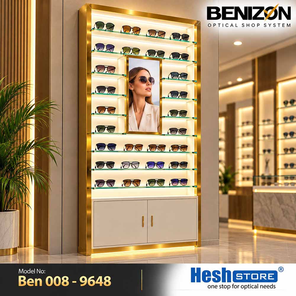 BENIZON Ben 008 gold-finish eyewear display with illuminated glass shelves and central promotional panel