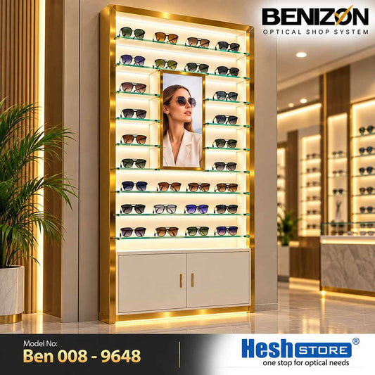 BENIZON Ben 008 gold-finish eyewear display with illuminated glass shelves and central promotional panel