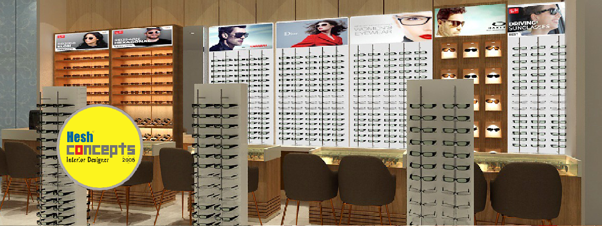 Premium optical showroom interior design with modern display racks and lighting layout