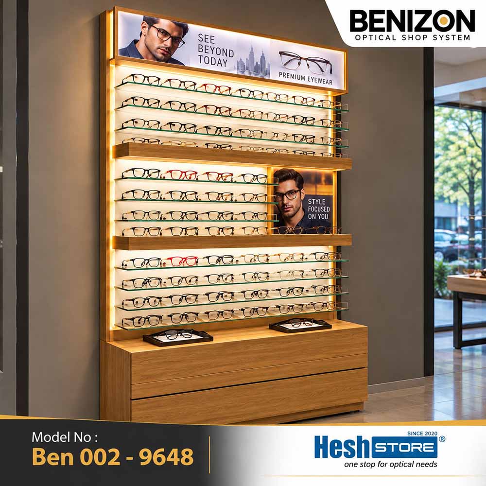 BENIZON Ben 002 wooden optical display cabinet with illuminated glass shelves and lower storage drawers