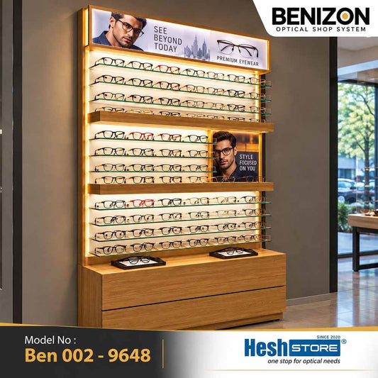 BENIZON Ben 002 wooden optical display cabinet with illuminated glass shelves and lower storage drawers