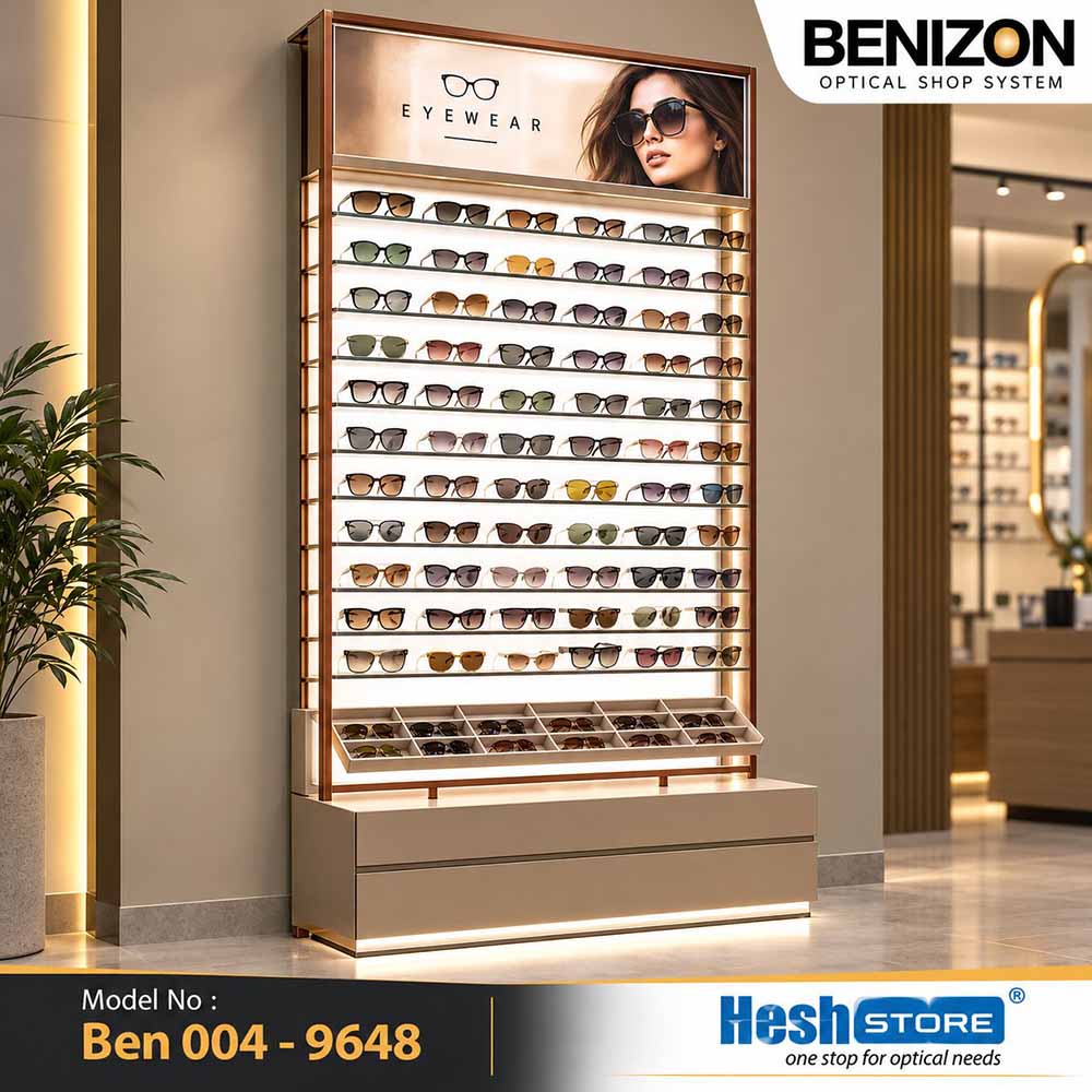 BENIZON Ben 004 sunglasses display cabinet with illuminated shelves, bronze-toned frame and individual lower compartments