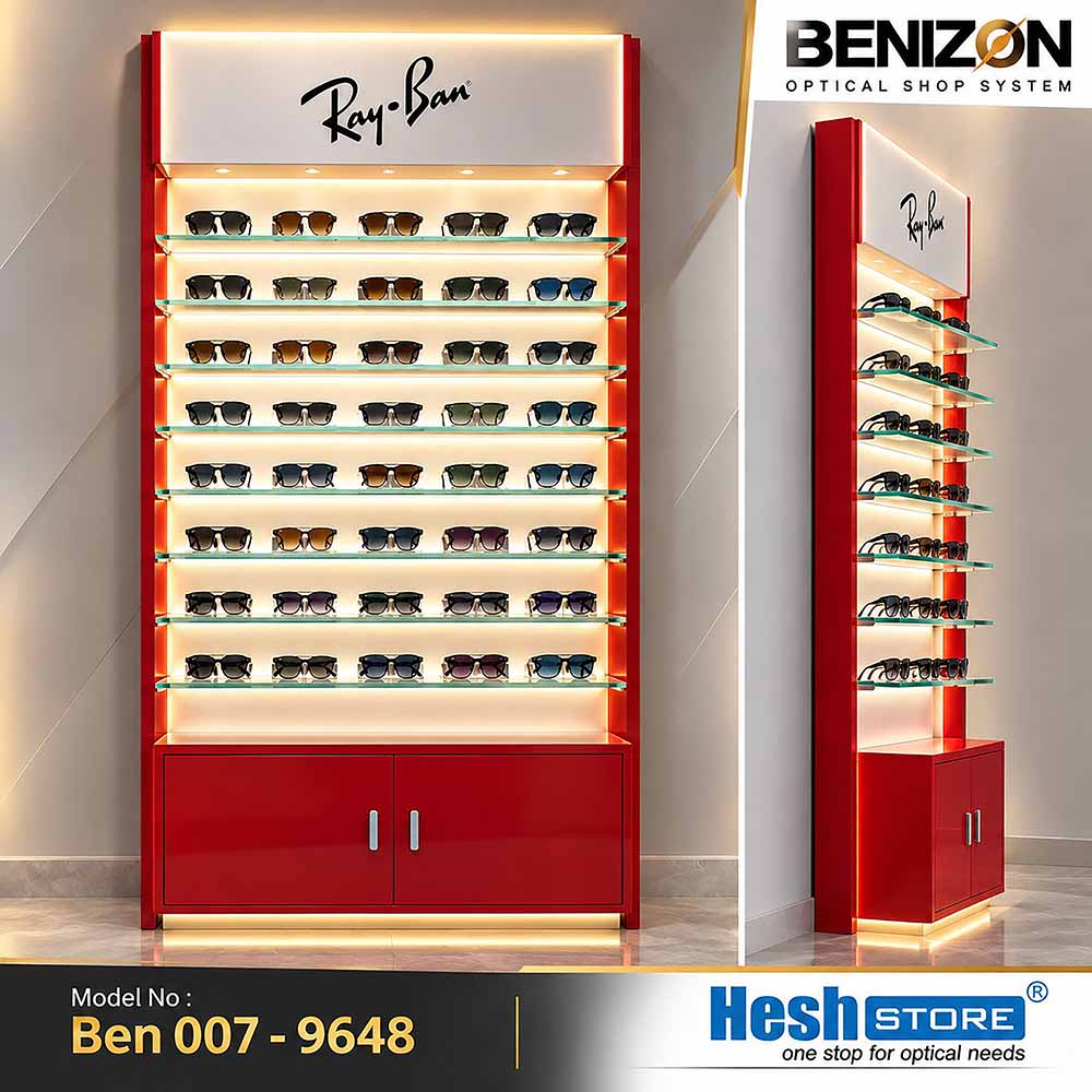 BENIZON Ben 007 red sunglasses display cabinet with LED-lit glass shelves and enclosed lower storage