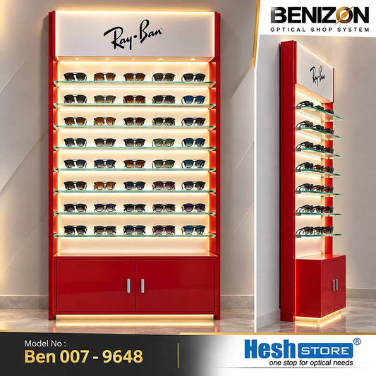 BENIZON Ben 007 red sunglasses display cabinet with LED-lit glass shelves and enclosed lower storage