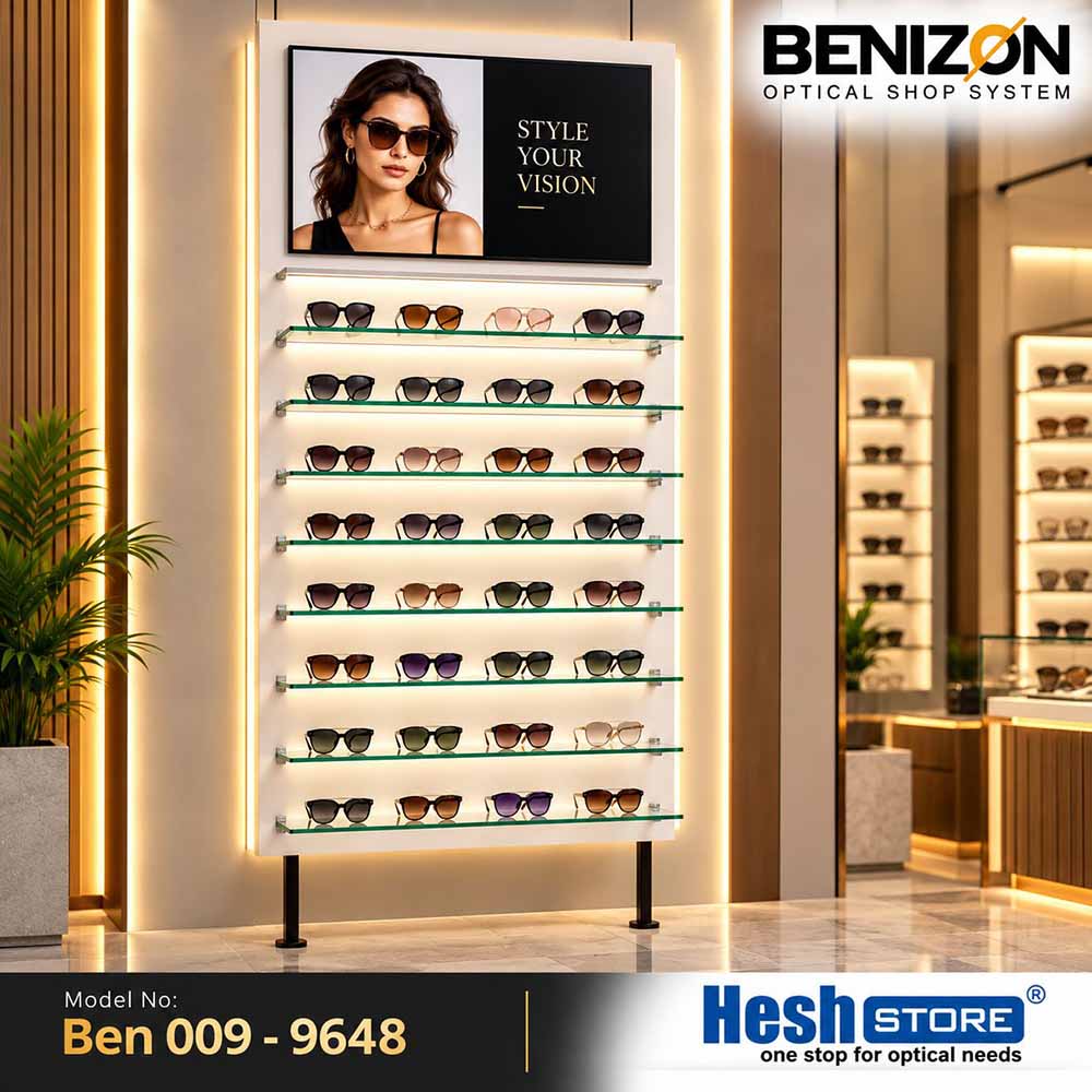 BENIZON Ben 009 white eyewear display panel with illuminated glass shelves, advertising header and black support legs