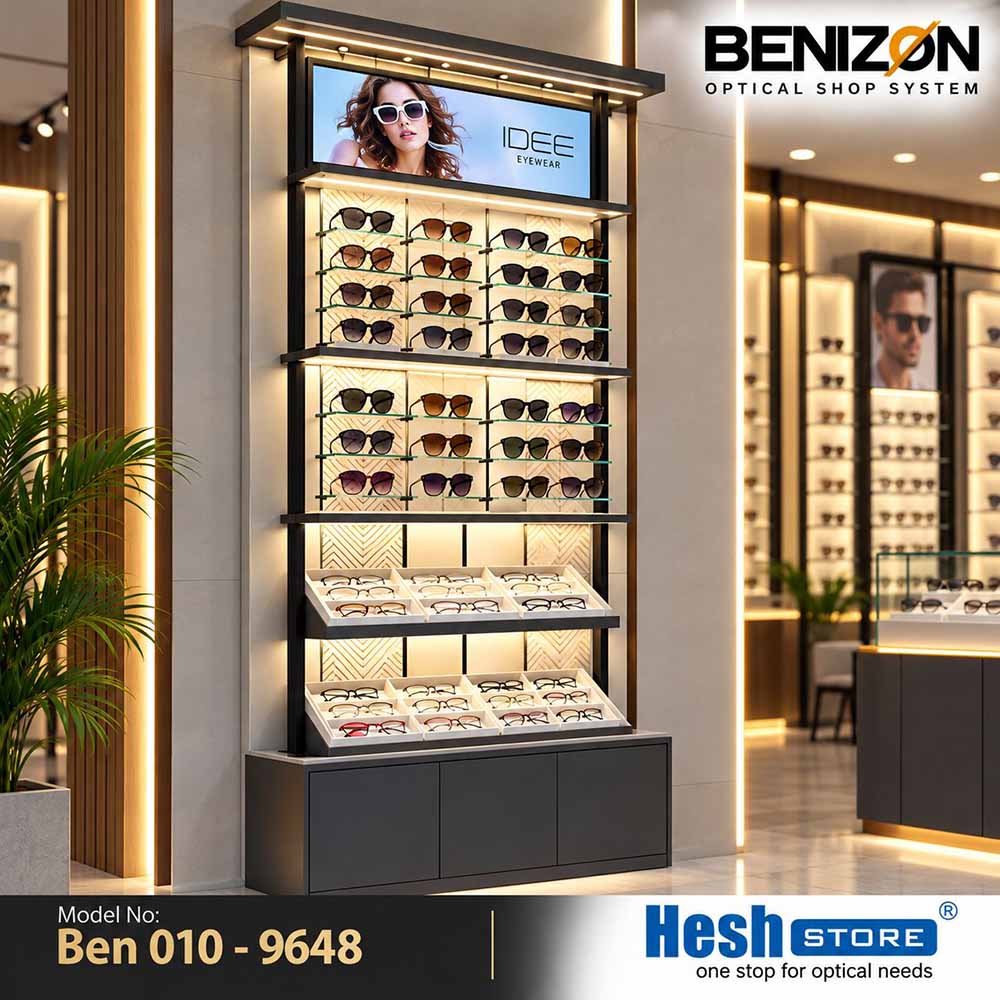 BENIZON Ben 010 multi-level eyewear display with LED-lit glass shelves, angled frame trays and dark lower storage cabinet