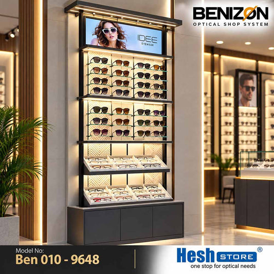 BENIZON Ben 010 multi-level eyewear display with LED-lit glass shelves, angled frame trays and dark lower storage cabinet