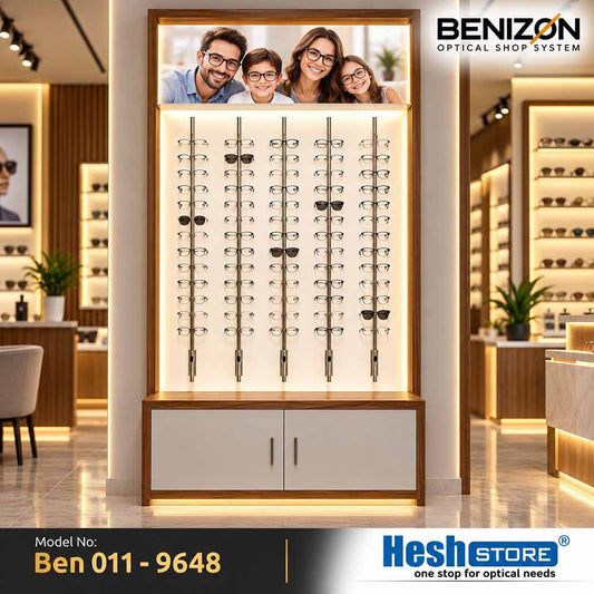 BENIZON Ben 011 vertical spectacle display with metal rods, wooden-finish frame, LED lighting and lower storage cabinet