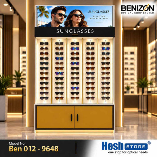 BENIZON Ben 012 gold-finish sunglasses display cabinet with LED lighting, vertical eyewear panels and double-door storage