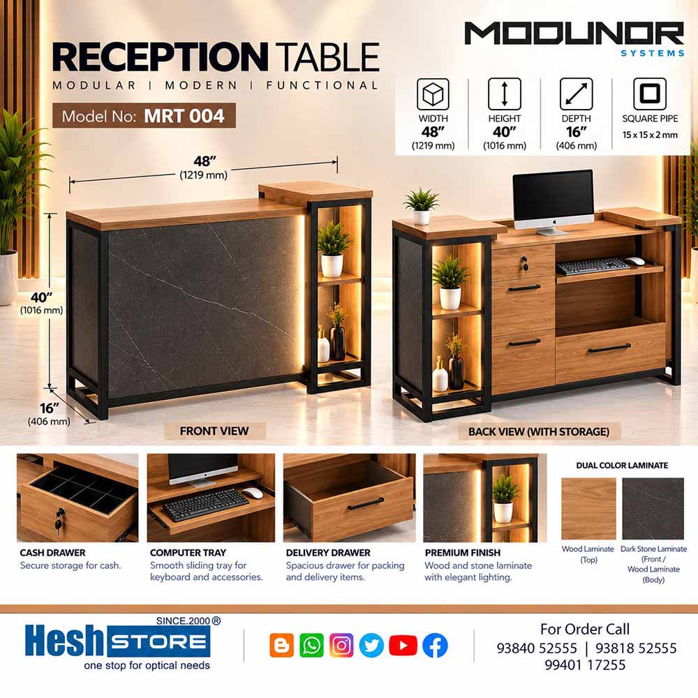Benizon MRT 004 reception counter with a dark stone-effect front panel, wood-finish countertop, illuminated side display shelves, black metal frame and rear storage drawers.