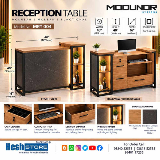 Benizon MRT 004 reception counter with a dark stone-effect front panel, wood-finish countertop, illuminated side display shelves, black metal frame and rear storage drawers.
