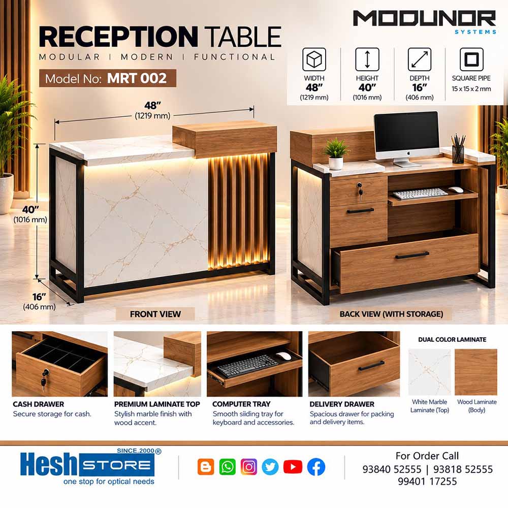 Benizon MRT 002 optical showroom reception desk with a white marble-effect front panel, wood-finish accents, illuminated vertical slats, black metal frame and rear storage drawers.