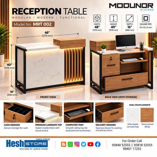 Benizon MRT 002 optical showroom reception desk with a white marble-effect front panel, wood-finish accents, illuminated vertical slats, black metal frame and rear storage drawers.