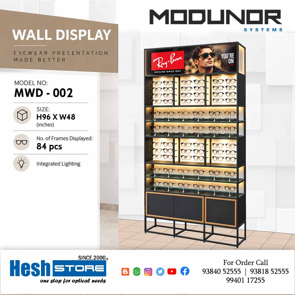 Benizon MWD-002 multi-level optical eyewear display rack featuring illuminated frame compartments, glass shelves, black finish with gold accents and lower cabinets,