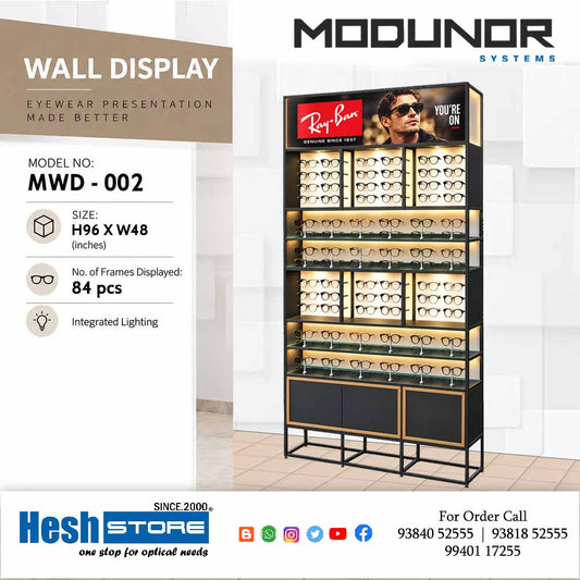 Benizon MWD-002 multi-level optical eyewear display rack featuring illuminated frame compartments, glass shelves, black finish with gold accents and lower cabinets,