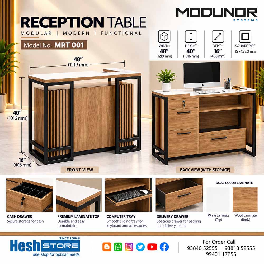 Benizon MRT 001 optical shop reception counter with white laminate top, wood-finish panels, black square-pipe frame, storage drawers, cash drawer and computer tray, 48 inches wide.