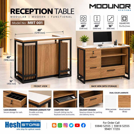 Benizon MRT 001 optical shop reception counter with white laminate top, wood-finish panels, black square-pipe frame, storage drawers, cash drawer and computer tray, 48 inches wide.