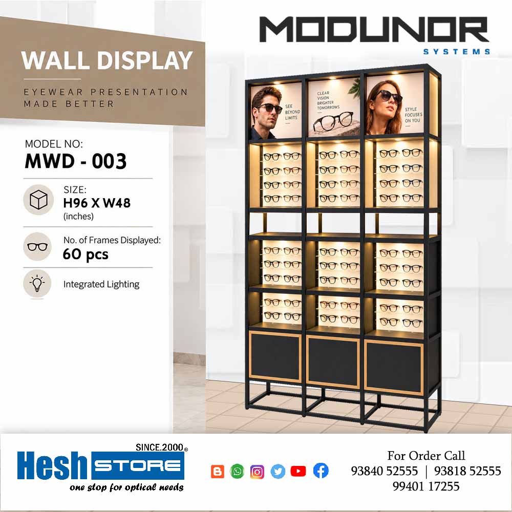 Benizon MWD-003 three-column spectacle display rack with integrated lighting, black frame, gold borders, upper promotional panels and multiple eyewear compartments, measuring 96 × 48 inches.