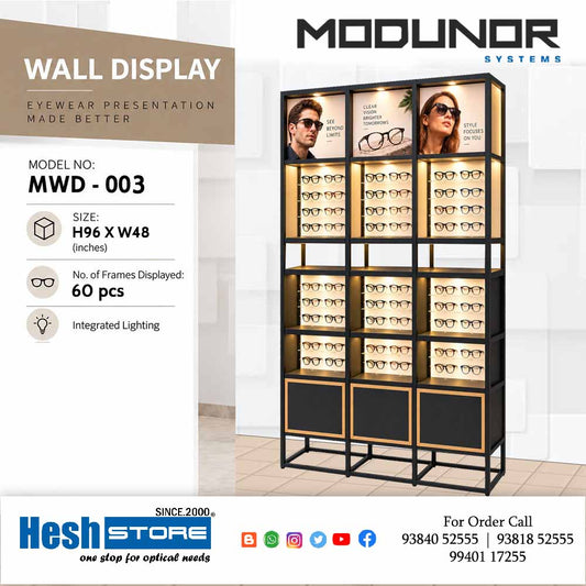 Benizon MWD-003 three-column spectacle display rack with integrated lighting, black frame, gold borders, upper promotional panels and multiple eyewear compartments, measuring 96 × 48 inches.