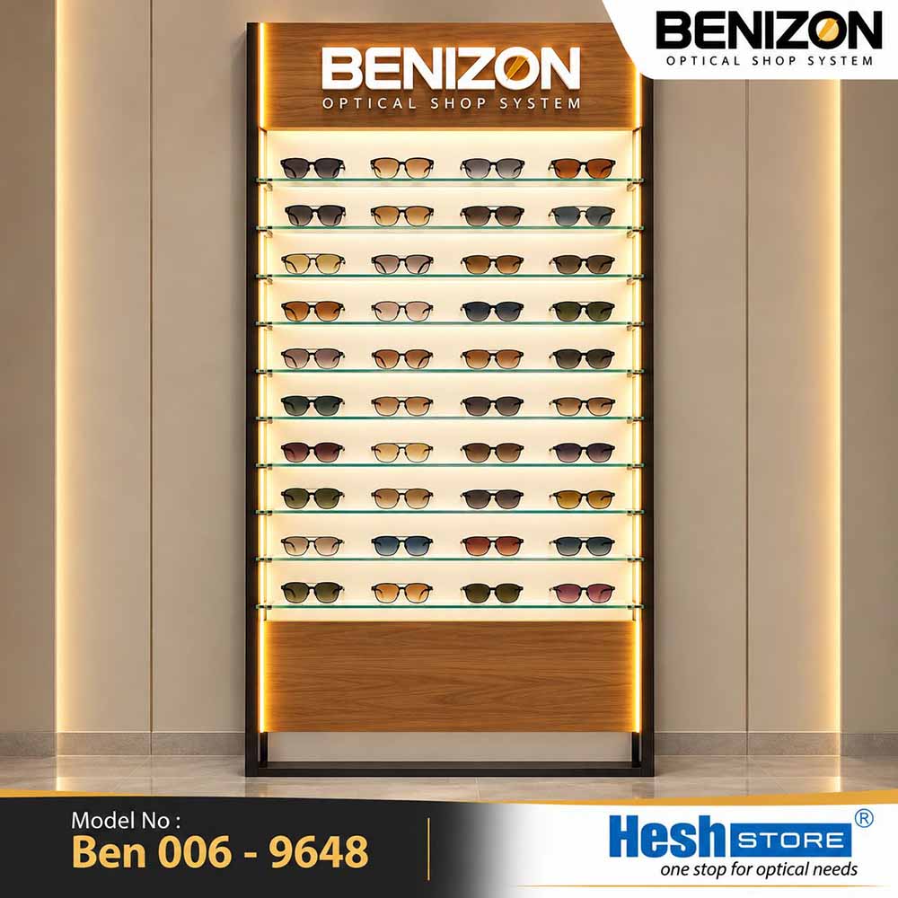 BENIZON Ben 006 freestanding sunglasses display rack with wooden panels, illuminated glass shelves and black metal frame
