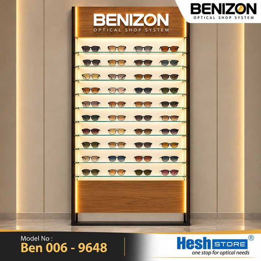 BENIZON Ben 006 freestanding sunglasses display rack with wooden panels, illuminated glass shelves and black metal frame
