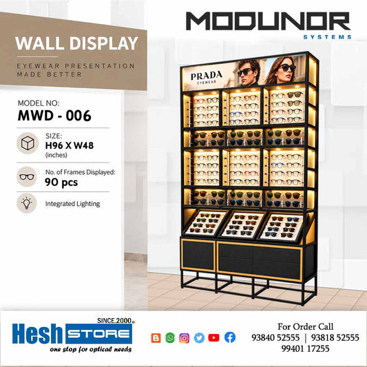 Black and gold optical display cabinet with illuminated shelves, three vertical eyewear sections, angled sunglass trays and bottom storage, model MWD-006.