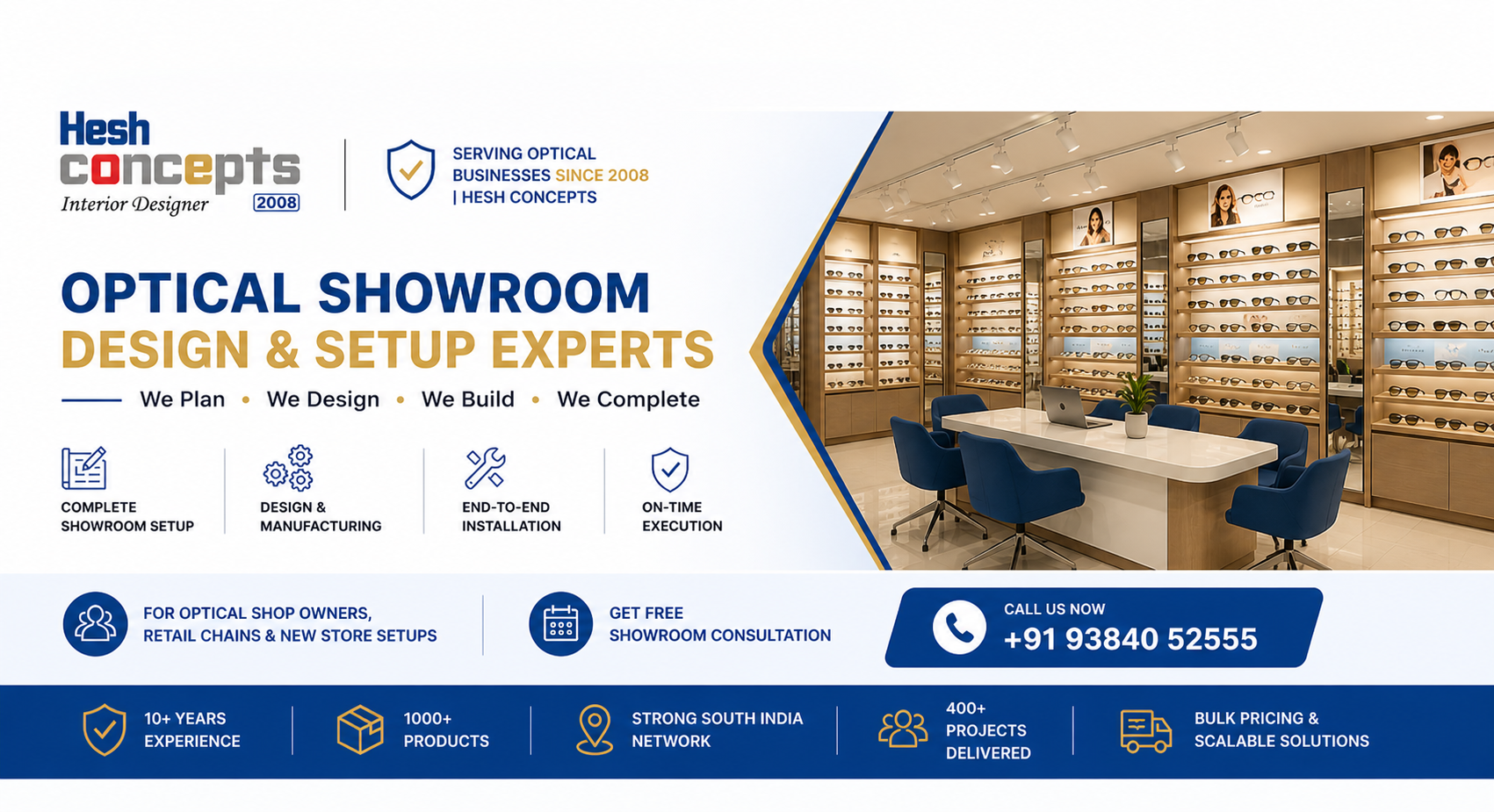 Optical showroom design and setup with modern display racks, furniture and in-house manufacturing solutions in India