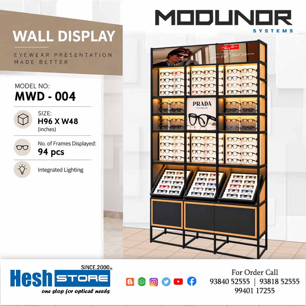Black and gold optical showroom display unit with three vertical sections, illuminated shelves, angled eyewear trays and bottom storage panels, model 