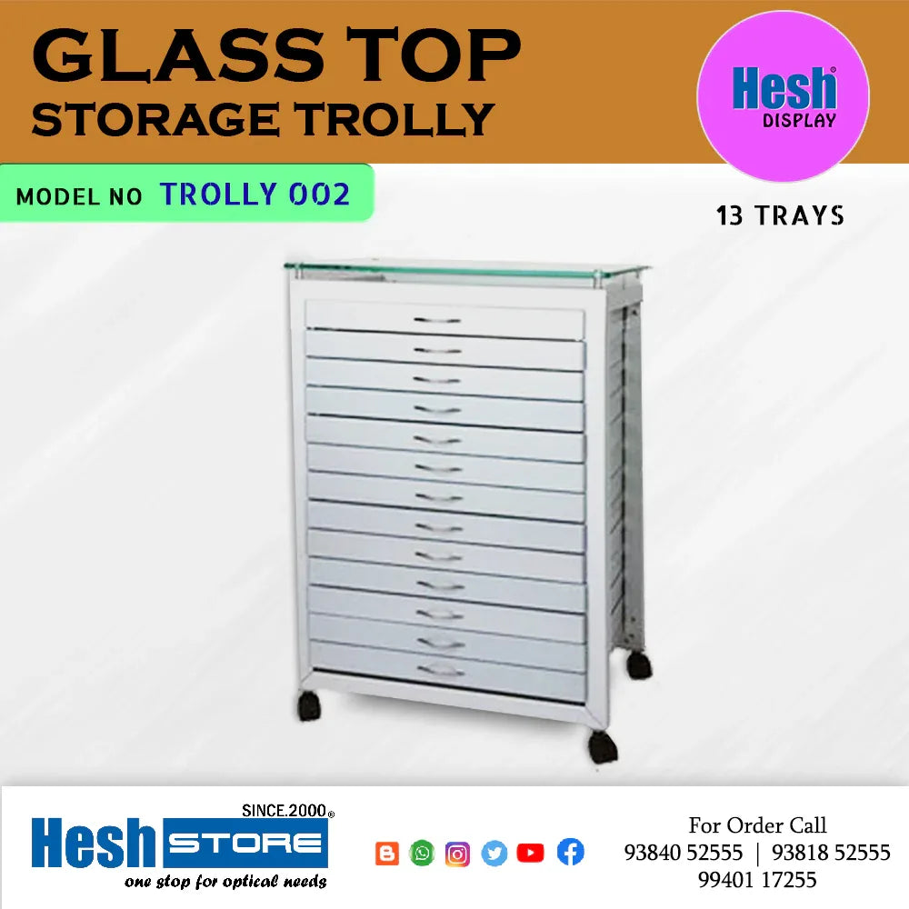 Storage Trolly 13 Trays - Glass Top with Metal - TROLLY 002 - Heshstore.in