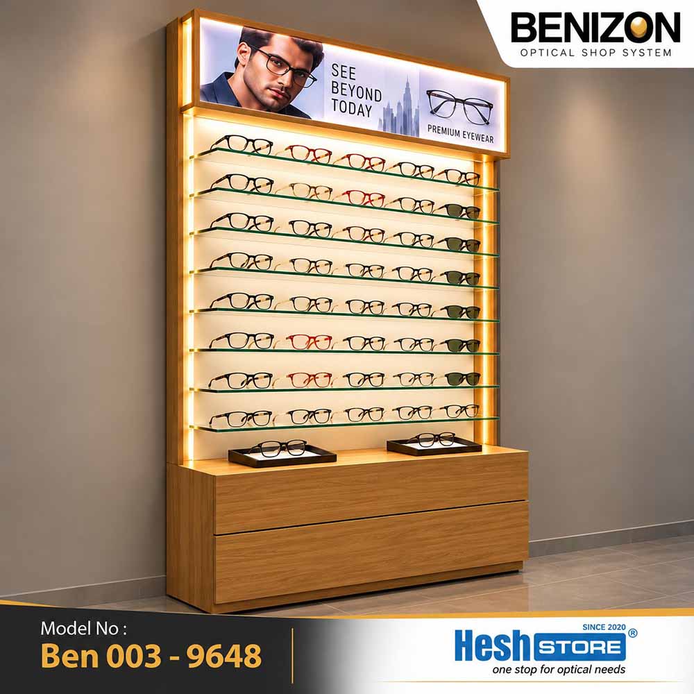 BENIZON Ben 003 wooden wall-mounted eyewear display with LED-lit glass shelves and lower storage cabinet